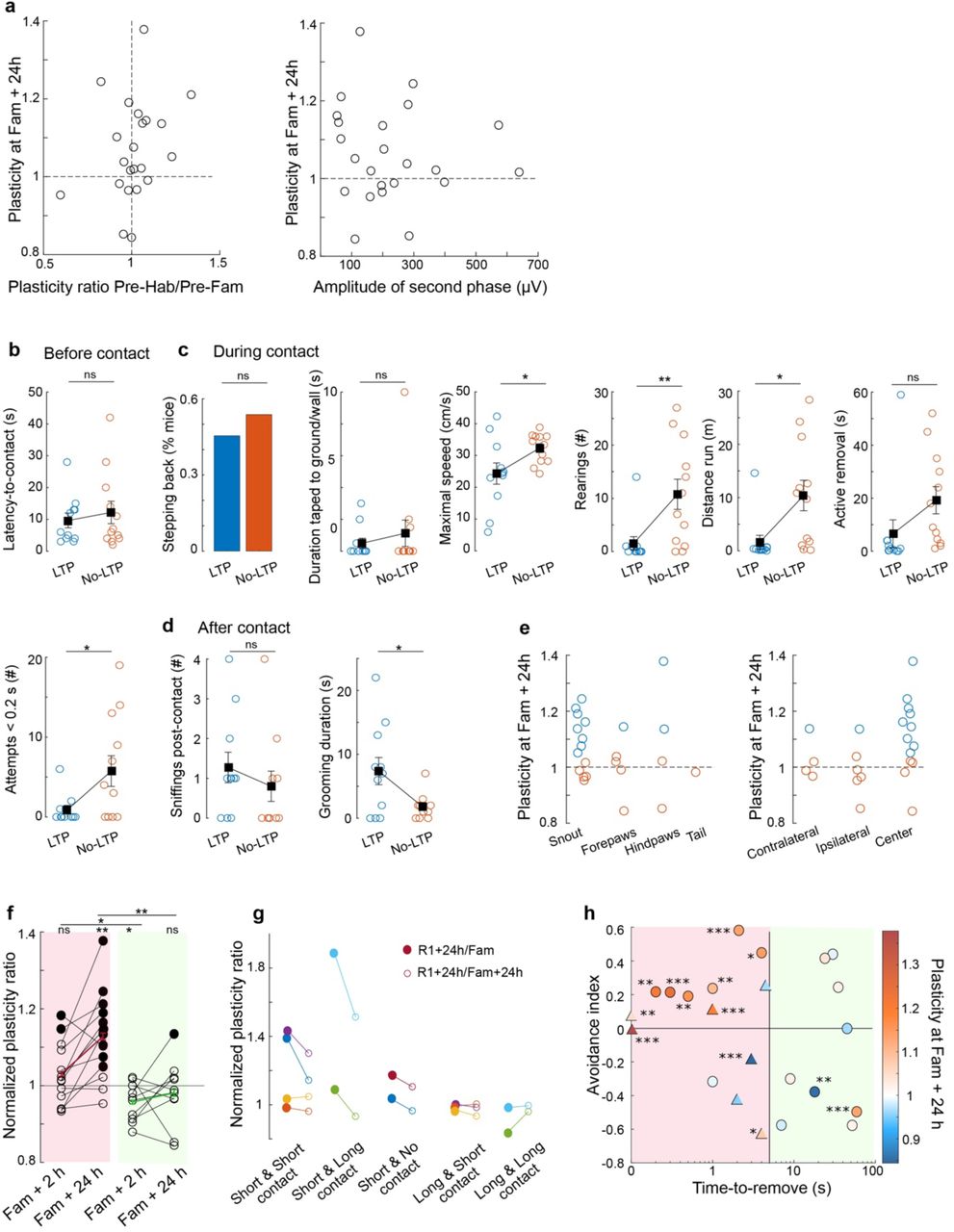 Relation between ChR2-LFP plasticity and behavioral featuresa, Left: Plasticity ratio measured at familiarization + 24 hours as a function of the plasticity ratio between Pre-habituation/Pre-familiarization (informing about the expression of possible potentiation following first exposure to the arena at habituation, corresponding to a ratio < 1) does not present any significant correlation (Pearson’s r=0.286, p=0.1973). Right: Absence of correlation between plasticity expressed at familiarization + 24 hours and amplitude of second phase of ChR2-LFP response at familiarization (Pearson’s r=-0.1030, p=0.6399). b-e, Dependence of ChR2-LFP expression on behavioral parameters at familiarization (n=23 mice): (b) before contact, (c) during contact, and (d) after contact. Significant differences (two-sample independent t-tests) were observed during contact for the distance travelled (p=0.013), the maximal speed (p=0.032), the number of rearings (p=0.009), the number of very short (<0.2 second) attempts at removing the sticky tape (p=0.029) and after contact with the time spent in grooming 1 minute after contact (p=0.027). e, Left: Body part stuck to the sticky tape does not influence the induction of the ChR2-LFP potentiation (Chi-squared test, χ2=3.46, p=0.327). Right: Significant LTP was observed for all three contact positions relative to recording side (Chi-squared test, χ2=5.56, p=0.062). f, Plasticity ratio at familiarization +2 hours and familiarization + 24 hours for short and long contact duration (threshold ≤20 seconds). Significant LTPs are represented with filled circles. One-sample t-test: mice with short contact duration at familiarization +2 hours: {t=1.36, p=0.20}; short-familiarization +24 hours: {t=4.01, p=0.0017}; long contact duration at familiarization +2h: {t=-2.73, p=0.023}; long contact duration at familiarization +24 hours: {t=-0.70, p=0.50}. Two-sample t-tests between short and long contact duration at familiarization +2 hours: {t=2.52, p=0.020} and at familiarization + 24 hours: {t=3.38, p=0.0028}. g, Plasticity ratio measured at retrieval +24 hours normalized either by familiarization (filled) or familiarization +24 hours (empty) depending on the contact duration at familiarization and retrieval. The majority of mice showed stable plasticity profiles between familiarization +24 hours and retrieval +24 hours, and in particular mice (n=3) with long and then short contact duration at familiarization and retrieval respectively still did not express ChR2-LFP potentiation at retrieval +24 hours. h, Plasticity ratio at familiarization +24 hours (color-coded) as a function of STA avoidance index and time-to-remove. Circles and triangles represent mice with delays between familiarization and retrieval of 24 hours and longer (48 hours or 1 week), respectively. Statistical significance of each individual LTP is indicated (one-sampled t-test). ANCOVA on avoidance with two binary control variables {significant LTP and time-to-remove (≤5 seconds)}: no effect of each control variable (F=0.043 and F=1.61 respectively) and combined control variables (F=2.69, p=0.117). All data: mean±SEM. *p<0.05; **p<0.01; ***p<0.001.