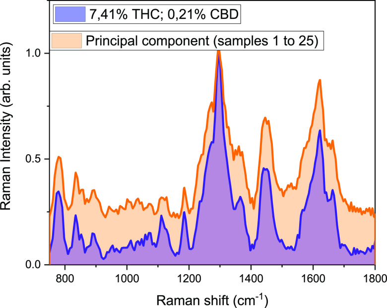 Principal component for the THC-rich plants compared with a single spectrum of a plant of the same family.