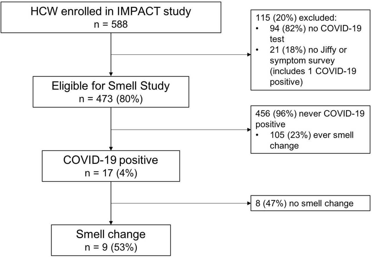 Flow diagram of participants and reported changes in smell by COVID-19 status. Abbreviations: HCW, healthcare workers; IMPACT, Implementing Medical and Public Health Action against Coronavirus (CT).