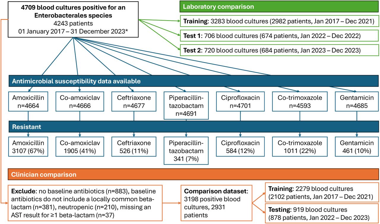 Blood cultures studied, and laboratory and clinical comparison groups.Repeat positive cultures from the same patient within the next 14 days after a positive blood culture were excluded. Only 7 blood cultures were resistant to meropenem, in the laboratory comparison 3 were in the training data, 2 in test 1 and 2 in test 1; in the clinical comparison 3 meropenem resistant blood cultures were included, 1 in the training data and 2 in the test data. Not all blood cultures had susceptibility results reported for all antibiotics as shown. Within the 3198 blood cultures studied in the clinical comparison, 2064 (65%) were resistant to amoxicillin, 1225 (38%) to co-amoxiclav, 320 (10%) to ceftriaxone, 190 (6%) to piperacillin-tazobactam, and 3 (<1%) to meropenem. Rates of resistance to gentamicin, ciprofloxacin and co-trimoxazole were 318/3195 (10%), 379/3196 (12%), and 674/3170 (21%) respectively.