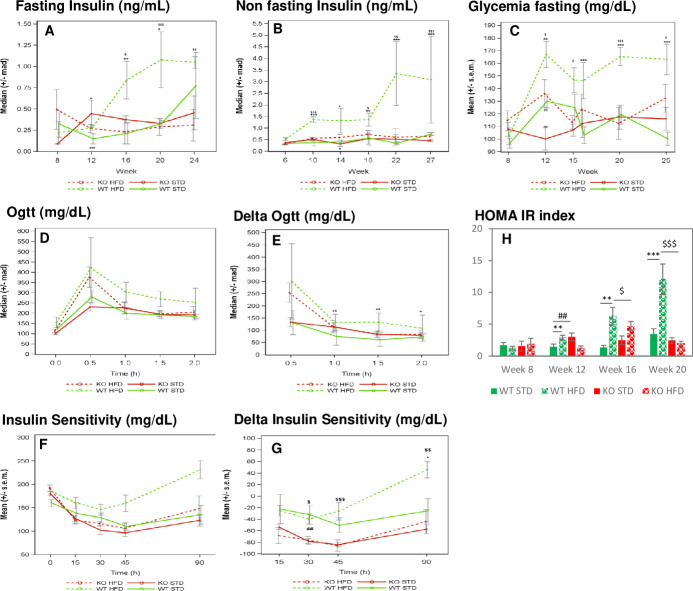 Measure of blood insulin and glycemia in mice of DIO1 in basal conditions (fasting or non fasting) and after glucose or insulin administration.n = 6–7 mice/group. A- Blood insulin evolution measured in non fasting mice, B- Blood insulin evolution measured in fasting mice, C- Blood glycemia evolution measured in fasting mice, D-E- Oral Glucose Tolerance test performed at 15 weeks of age: Glycemia measured after oral glucose tolerance administration (D), representation of delta glycemia level (compared to glycemia measured at T0) (E), F-G- Insulin sentitivity test: Glycemia measured after IP insulin administration (F), representation of delta glycemia level (compared to glycemia measured at T0) (G). H- HOMA-IR (homeostasis model assesment of insulin resistance) index. Fig A, B, C, D, E: *: pvalue <0.05, **:pvalue <0.01, ***:pvalue <0.001: obtained using a post-hoc analysis to compare HFD versus STD group in WT genotype after a three-way ANOVA with repeated measures on time factor ¤: pvalue <0.05, ¤¤:pvalue <0.01, ¤¤¤:pvalue <0.001: obtained using a post-hoc analysis to compare HFD versus STD group in KO genotype after a three-way ANOVA with repeated measures on time factor $: pvalue <0.05, $$:pvalue <0.01, $$$:pvalue <0.001: obtained using a post-hoc analysis to compare WT versus KO group in HFD group after a three-way ANOVA with repeated measures on time factor #: pvalue <0.05, ##:pvalue <0.01, ###:pvalue <0.001: obtained using a post-hoc analysis to compare WT versus KO group in STD group after a three-way ANOVA with repeated measures on time factor. Fig H: pvalues obtained using a two-way ANOVA analysis.