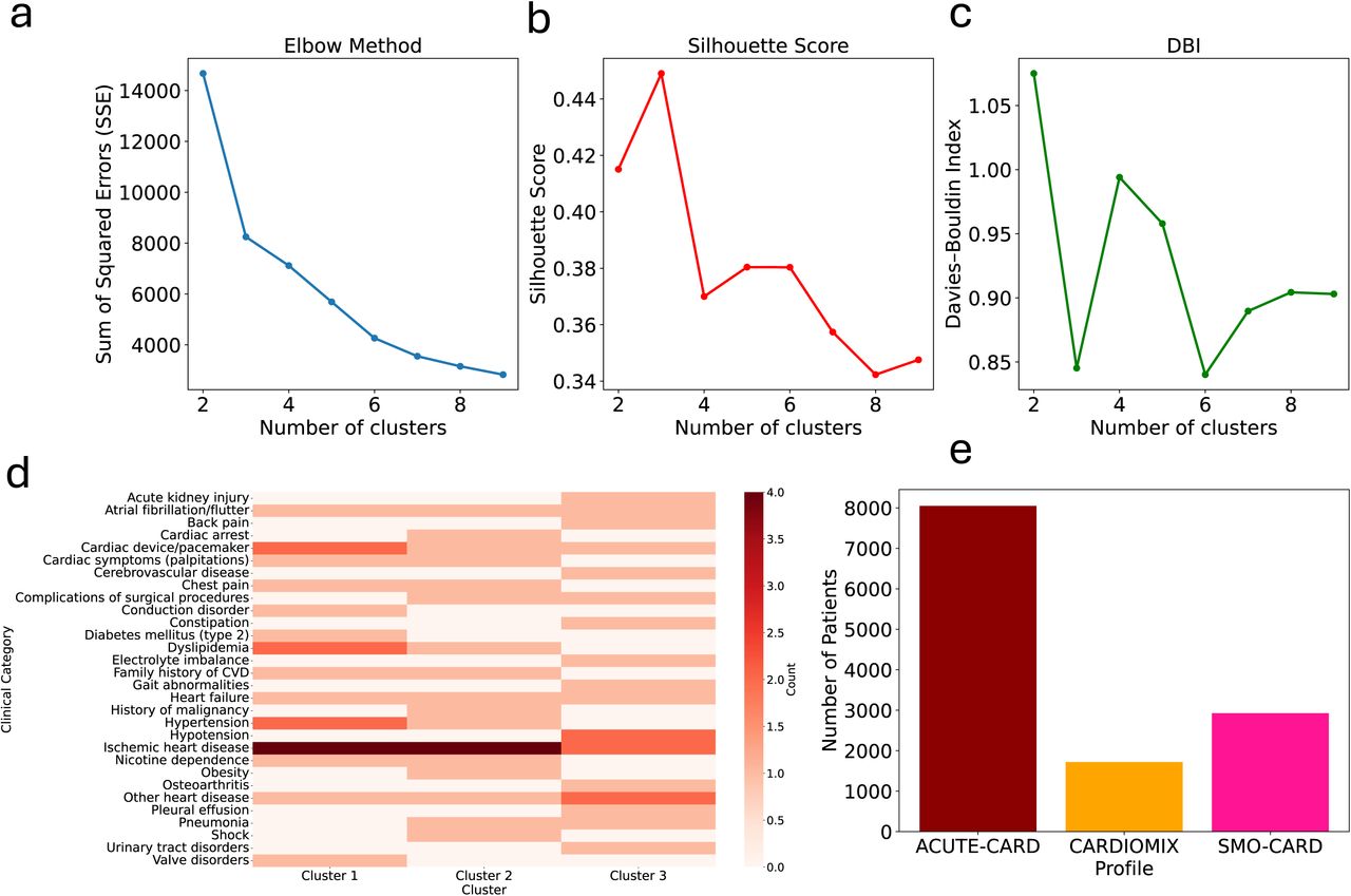 AMI participants profiles from clustering their ICD-10 codes and age at diagnosesPanel A: Elbow Method used to identify the optimal number of clusters by observing the SSE “elbow” point. Panel B: Silhouette Score for evaluating the DTW cluster cohesion and separation. Panel C: DBI used for measuring intra-cluster similarity and inter-cluster difference (lower values are better). Panel D illustrates a heatmap from thematic topic modelling of cluster-specific diagnoses. Panel E presents a bar chart showing the number of AMI participants in each profile. Profiles – ACUTE-CARD (Cluster 1) was colour-coded dark red, CARDIOMIX (Cluster 2) was colour-coded orange, and SMO-CARD was colour-coded pink (Cluster 3).