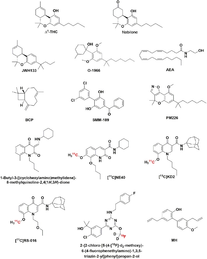 Chemical structure of Δ9-THC, nabilone, and the CB2R ligands: JWH133, 0-1966, AEA, BCP, SMM-189, PM226, 1-butyl-3-[(cyclohexylamino)methylidene]-8-methylquinoline-2,4(1H,3H)-dione, [11C]NE40, [11C]KD2, [11C]RS-016, 2-{2-chloro-[5-(4-[18F]-d2-methoxy)-6-(4-fluorophenethylamino)-1,3,5-triazin-2-yl]phenyl}propan-2-ol.