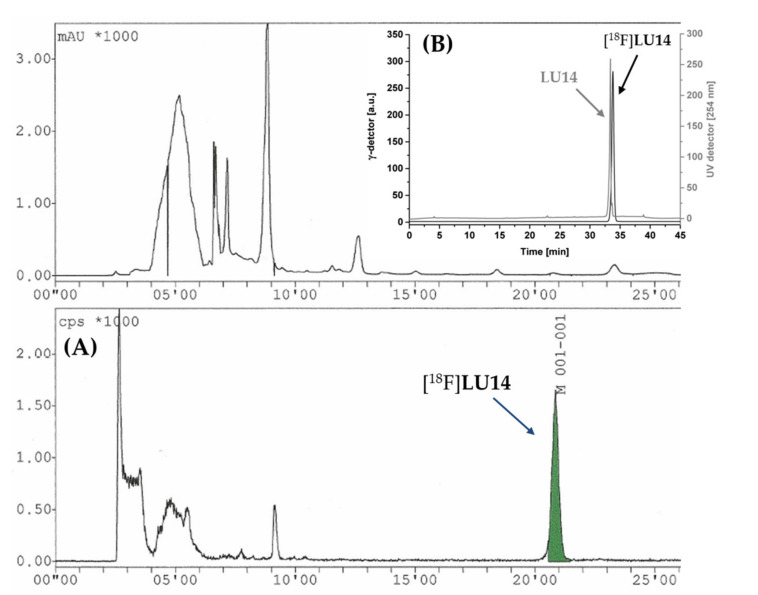 (A) Representative semi-preparative radio-HPLC profile of [18F]LU14 (Conditions: Reprosil-Pur 120 C18-AQ (5 µm, 250 × 10 mm), 65% CH3CN/20 mM NH4OAc aq., 4.2 mL/min) and (B) analytical UV- and radio-HPLC chromatogram of [18F]LU14 (solid line, ɣ-trace) spiked with the corresponding reference compound LU14 (grey line, UV-trace); conditions: Reprosil-Pur C18-AQ (5 µm, 250 × 4.6 mm), 70% CH3CN/20 mM NH4OAc aq., 1 mL/min. mAU = milli-absorbance unit; cps = counts per second.