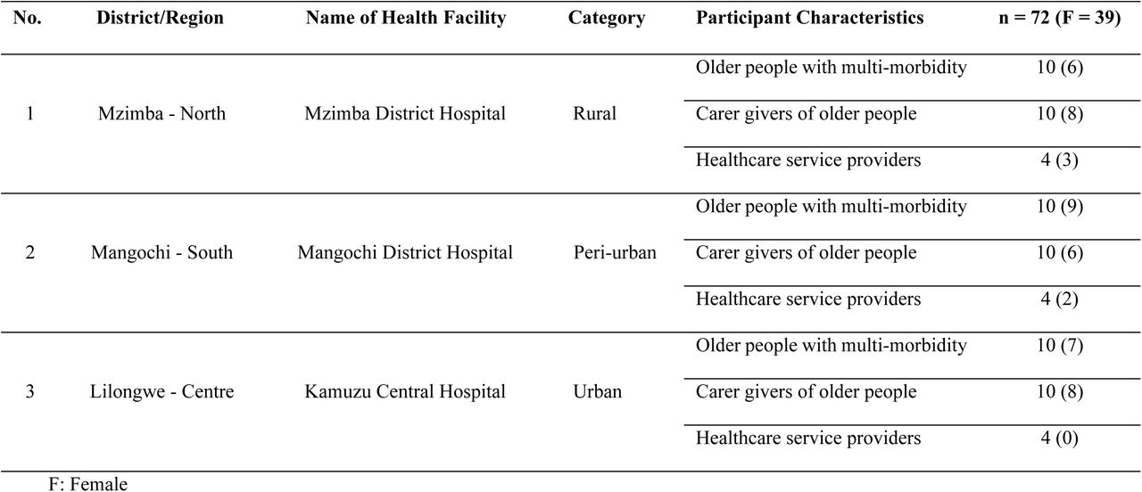 Characteristics of older people/caregiver dyads and healthcare workers participating in qualitative interviews at Mangochi and Mzimba District Hospitals and Kamuzu Central Hospital, July 2022 - January 2023