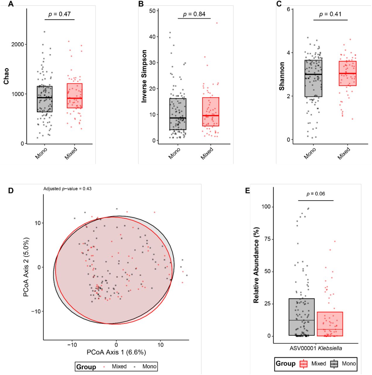 Gut community structures do not differ significantly between mono- or mixed colonized patientsThe gut community structure using alpha (A-C) and beta (D) diversity metrics were assessed via 16S sequencing of patient rectal swabs and the bioinformatic package, mothur. No significant differences were in alpha diversity metrics including Chao (A), inverse Simpson (B), or Shannon were observed (C). There were no significant differences in beta diversity (D) between mono- or mixed colonized patients. Based on ASVs higher relative abundance levels (E) were observed in mono-compared to mixed colonized patients but this did not reach statistical significance. For all analyses, a p-value ≤ 0.05, after Benjamini-Hochberg adjustment where appropriate was considered significant.