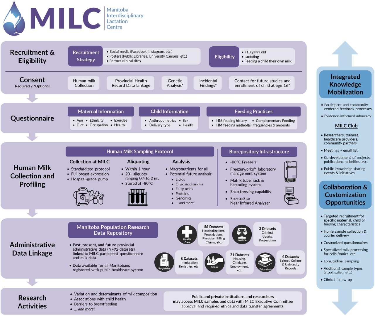 Overview of Manitoba Interdisciplinary Lactation Centre (MILC) workflow and capabilities. HM, human milk.