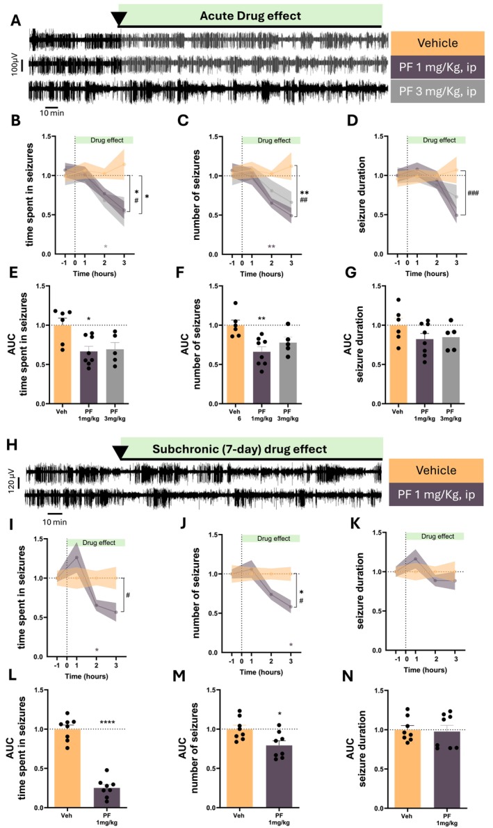 Acute and subchronic systemic FAAH inhibition suppresses absence seizures in GAERS rats. (A) Representative EEG recordings from adult GAERS rats injected with vehicle (n = 6), PF‐04457845 (1 mg/kg, i.p.) (n = 8) or PF‐04457845 (3 mg/kg, i.p.) (n = 5) at the indicated time. (B–D) Time course of drug effects on (B) total time spent in seizures, (C) number of seizures, and (D) mean seizure duration during baseline (−1 h) and 3 h post‐injection. PF‐04457845 reduced seizure burden at both doses. At 1 mg/kg, two‐way ANOVA revealed: Time in seizures, Treatment effect F(1,12) = 4.985, p = 0.045 and Time×Treatment F(3,36) = 4.202, p = 0.0119; seizure number, Treatment F(1,12) = 5.346, p = 0.007 and Time×Treatment F(3,36) = 5.093, p = 0.004; seizure duration, Time×Treatment F(3,36) = 7.567, p = 0.0005. At 3 mg/kg, PF‐04457845 produced a treatment effect on time spent in seizures (F(1,9) = 5.194, p = 0.048), with post hoc reduction at 1–2 h (p = 0.032). (E–G) Area under the curve (AUC) analysis across the recording period. PF‐04457845 (1 mg/kg) reduced total time spent in seizures (p = 0.016) and seizure number (p = 0.004), with no effect on seizure duration AUC. (H) Representative EEG recordings from adult GAERS rats injected with repeated PF‐04457845 (1 mg/kg for 7 days) (n = 8) and vehicle (n = 8) treatment. (I–K). Time in seizures: Time×Treatment F(3,42) = 4.053, p = 0.012. Seizure number: Treatment F(1,14) = 5.580, p = 0.033 and Time×Treatment F(3,42) = 3.709, p = 0.018. Seizure duration was not significantly affected. (L–N) AUC analysis after repeated treatment confirmed reductions in total time spent in seizures (p < 0.0001) and seizure number (p = 0.017), with no effect on seizure duration. Each data point is the mean ± SEM of the cumulative results during the pre‐injection control period (−1 h) and the three hours following PF injection. Two‐way ANOVA with Sidak post hoc test was used to calculate differences between various experimental conditions for treatment (*) and Time×Treatment (#) effect and at the same timepoint (*p < 0.05, **p < 0.01, ***p < 0.001) (asterisks show post hoc test significance and asterisks within brackets show the ANOVA test significance). For the AUC analysis, One‐way ANOVA with Dunnet post hoc test was used to calculate differences between various experimental conditions (*p < 0.05, **p < 0.01).