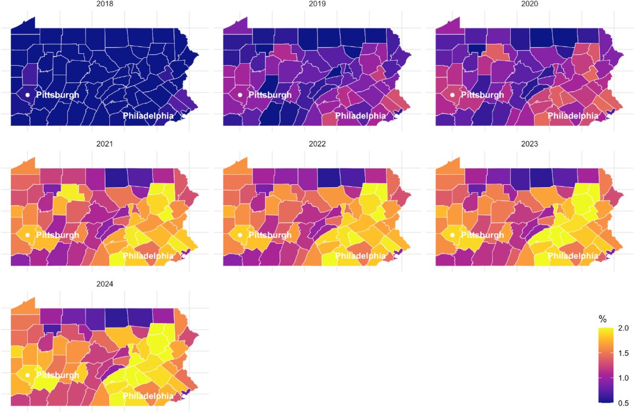 Heat map of the percent of adults in Pennsylvania with a medical cannabis certification for pain from 2018–2024 by county using proportional allocation of residential ratios
