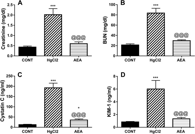 Effect of AEA on serum (A) creatinine, (B) BUN, (C) cystatin-C, and (D) KIM-1 in HgCl2-induced AKI in rats. Data are expressed as the mean of 6 rats ± SD. *P < 0.05 and ***P < 0.001 compared with CONT and @@@P < 0.001 compared with HgCl2 groups using one-way ANOVA followed by Tukey’s Multiple Comparison post hoc test. AEA anandamide, AKI acute kidney injury, BUN blood urea nitrogen, CONT control, HgCl2 mercuric chloride, KIM-1 kidney injury molecule-1.