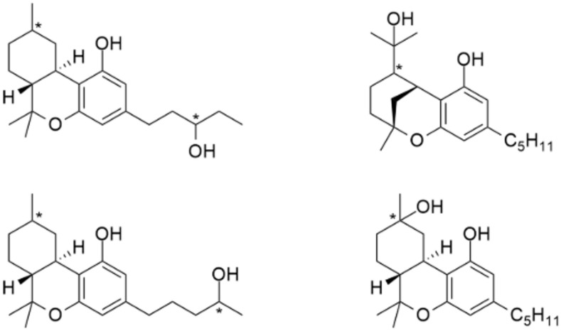 Plausible structures for the metabolites M1 (left) and M2 (right). Top left: 3’OH-HHC15, bottom left: 4’OH-HHC23, top right: 8-OH-iso-HHC26, bottom right: 9-OH-HHC26.