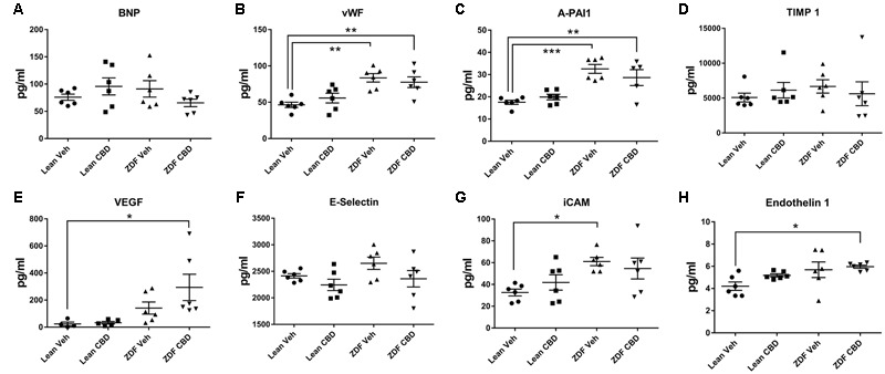 Circulating cardiovascular biomarkers in serum samples from ZDF Lean (circles and squares) and ZDF rats (triangles) treated with either vehicle (circles and upward triangles) or 10 mg/kg CBD (i.p., 7 days; squares and downward triangles). Data are mean ± SEM, with n = 6 animals per group. ∗P < 0.05. ∗∗P < 0.01, ∗∗∗P < 0.001.
