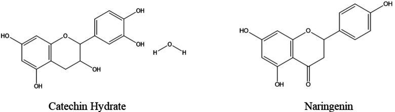 Chemical structure of naringenin, the majority compound in EET, and catechin hydrate in EDM.