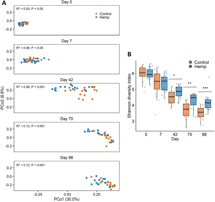 (A) Principal coordinates analysis (PCoA) plot of the Bray Curtis dissimilarities for the ruminal microbiota by diet and sampling day. The PERMANOVA R2 and P-value for the effect of diet within each day are included on each plot. The percentage of variation explained by each principal coordinate is indicated on the axes; (B) Box and whisker plot of the Shannon diversity index values for the ruminal microbiota by sampling day and diet. *P < 0.05; **P < 0.01; ***P < 0.001. The box indicates the interquartile range (IQR) (middle 50% of the data), the middle line represents the median value, and the whiskers represents 1.5 times the IQR; Control refers to the group of heifers that received DDGS in their diet (n = 15) and Hemp refers to the group that received the hempseed cake inclusion diet (n = 16).