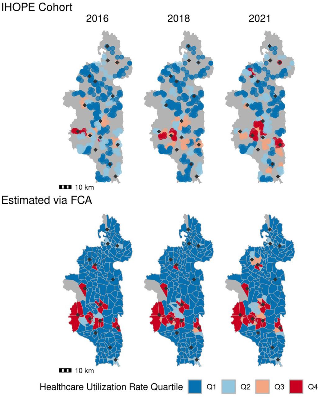 The sampling intensity estimated via the gravity model and multi-objective optimization (bottom row) closely approximates self-reported healthcare seeking rates from the IHOPE cohort (top row).Shading represents rates grouped into quartiles, with Q1 corresponding to the lowest healthcare utilization rate and Q4 to the highest. Diamond points show the location of level-2 PHCs. Top row: Cluster-level healthcare seeking rates are illustrated for each village in a cluster across the three survey years. Bottom row: The scaled sampling intensity estimated via Eq. 2-3 & 7-12. Scatter plots of this data are shown in Fig S2.1