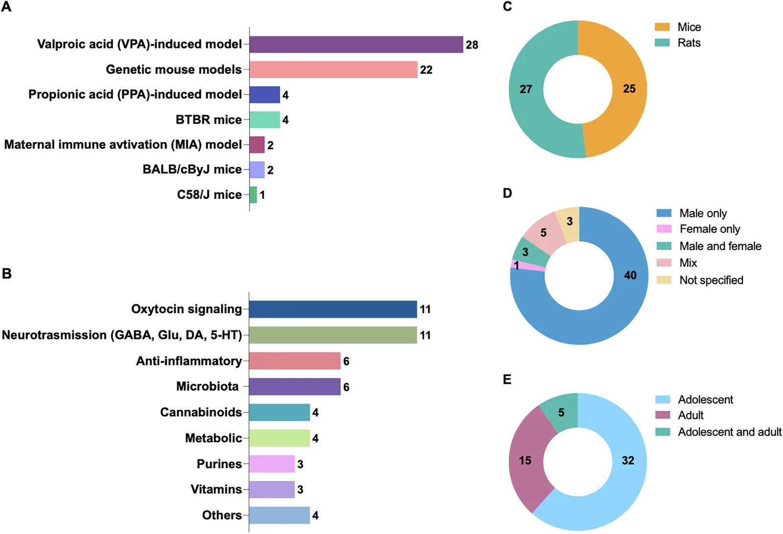 Summary of basic information from the analyzed publications.A Number of ASD animal models used in the analyzed studies – in some cases, more than one model was applied; (B) Number of publications categorized according to the therapeutic target of the interventions; (C) Number of publications employing mouse or rat models; (D) Number of studies stratified by the sex of rodents used (Mix – study where both males and females were included in the same test group (mixed-gender group); (E) Number of studies stratified by the age of the animals used for behavioral tests.