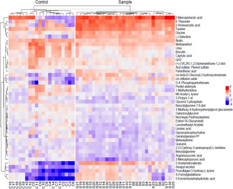 Heatmap for metabolites with VIP scores greater than 1 (C1:1.control = nonusers, S1 = 1.sample = CU).