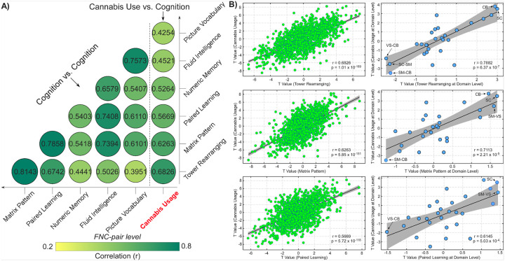 Overlap of correlation models between cannabis use and cognitive function during normal aging. A) To evaluate the extent to which their FNC correlates were similar to or distinct from each other, we calculated the Pearson’s correlation between t values from the LMM for cannabis use and the t values for each of the cognitive tasks at the FNC level. All correlations are significant at p < 10−5. B) The scatter plots show three examples of the positive correlation between cannabis use model and cognition model. The first column is the representation of the correlation at the FNC level (n = 1378), and the second column is the representation of the correlation at the domain level (n = 28).