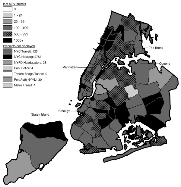 Marijuana in Public View Arrests by NYPD Precinct in 2000 (n = 51,267).