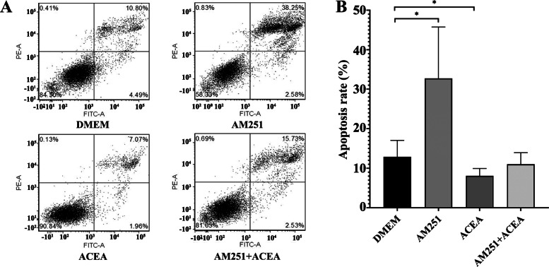 Effects of pharmacological intervention of CB1 on the apoptosis of JZSMCs in adenomyosis. a Flow cytometry data from cells treated with serum-free medium containing phenol red, 10− 6 mol/L AM251, 5 × 10− 6 mol/L ACEA, or 10− 6 mol/L AM251 for 30 min followed by 5 × 10− 6 mol/L ACEA. b Comparison of the apoptosis rates after treatment with different drugs (*, P < 0.05)、