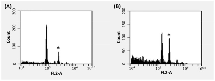 Flow cytometric histograms showing Cannabis sativa L. with (A) a diploid profile and (B) a triploid profile. Peaks indicated with (*) are internal 6n control.