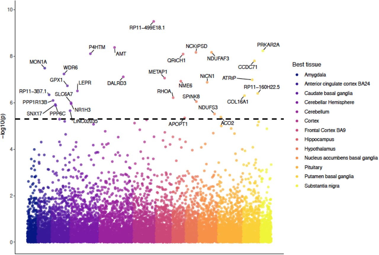 A Transcriptome-Wide Association Study (TWAS) of the addiction-rf, plotted as a Manhattan plot. Analysis were conducted in MetaXcan. The y-axis represents the log of the p-value, the color of the data point represents the tissue in which correlation between gene expression and outcome was the highest.