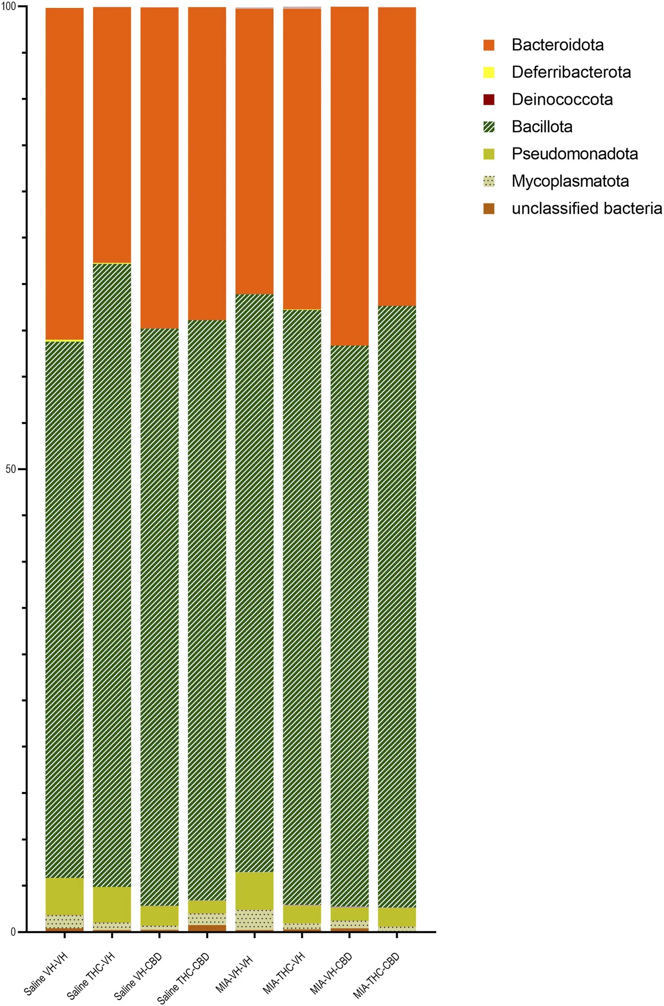 Stacked bar chart comparing relative abundances of bacterial phyla across eight treatment groups, including Saline- and MIA.offspring following various THC or CBD exposures, showing Bacillota and Bacteroidota as dominant groups.