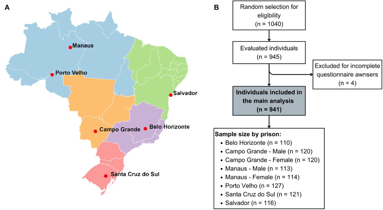 Cities included in the study evaluation and flowchart of inclusion of study participants.A – Cities where the study prison units were located within Brazil. Five different country regions are represented in different colors, at least one prison was evaluated in each region. B – Flowchart of participant inclusion and number of participants at each site.