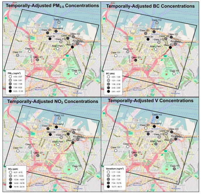 Temporally-adjusted PM2.5, BC, NO2, and V concentrations (in quintiles) across 14 monitoring sites.