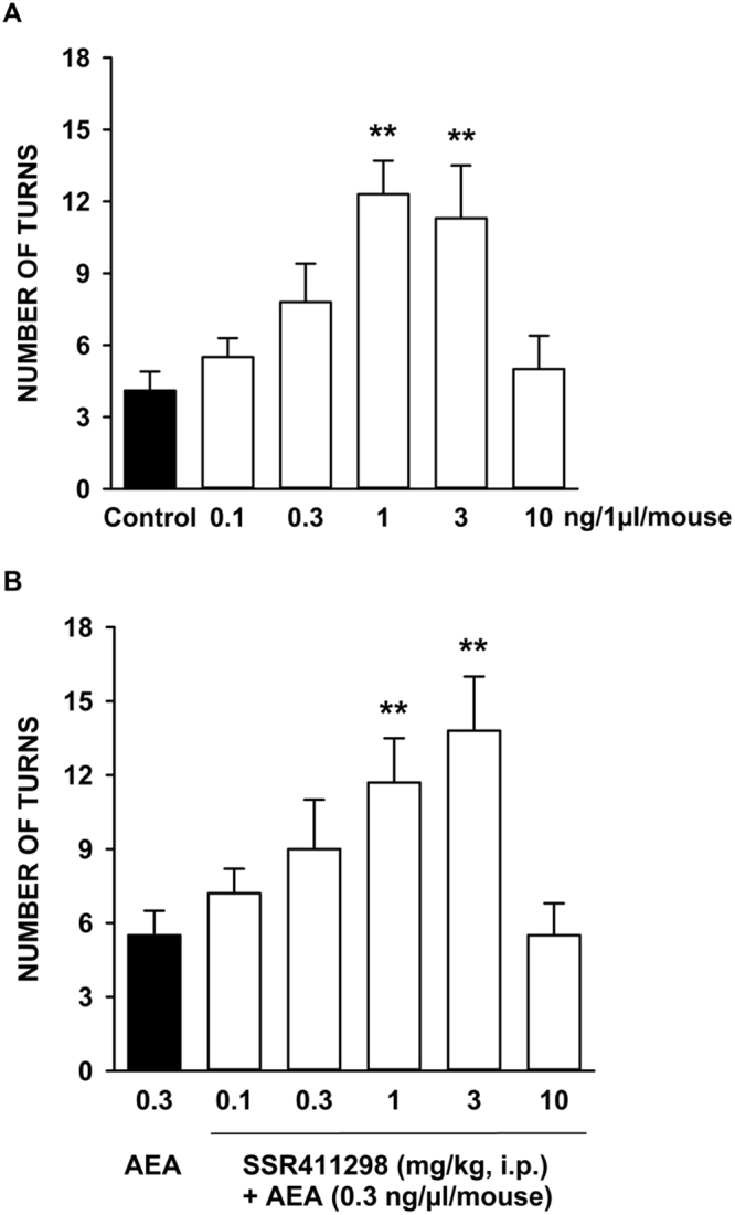 Potentiation by SSR411298 of turning behavior induced by intra-striatal infusion of anandamide (AEA) in mice. (A) Dose-response of AEA; (B) Potentiation by SSR411298 of the effects of AEA. Data represent the mean ± SEM. **P < 0.01 (Dunnett's t-test) vs. control or AEA-treated group. N = 12 to 24 mice per group.