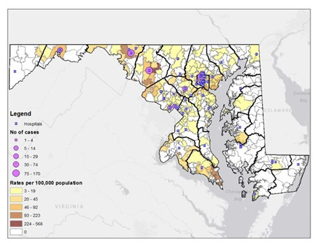 Geographic spatial analysis by ZIP code (patients) and total number of synthetic cannabinoid-related ED visits by hospital, Maryland, 2013-2017.
