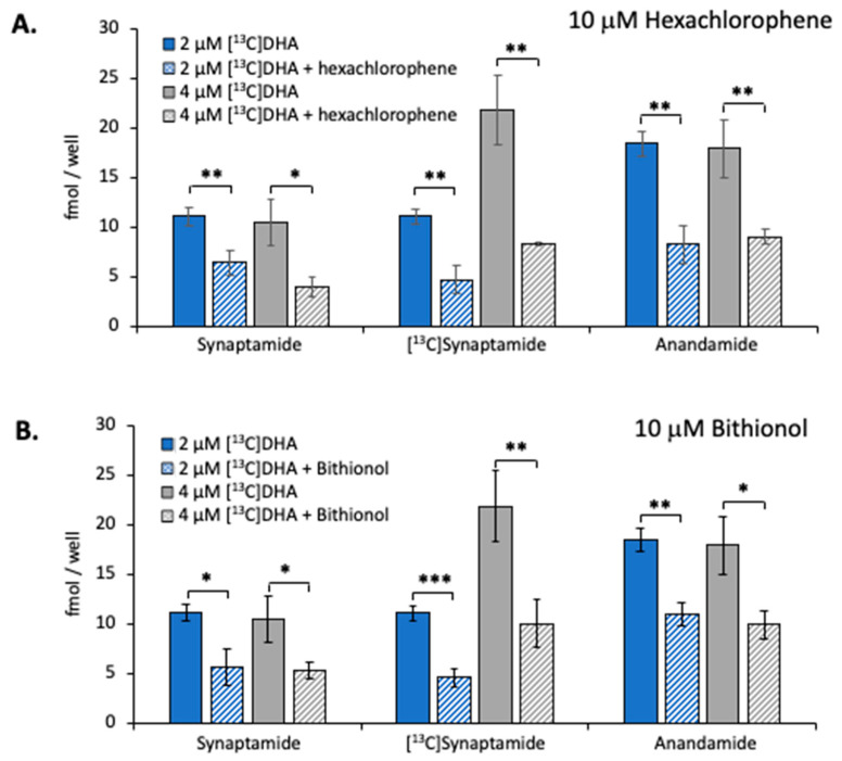 Effect of NAPE-PLD inhibition on synaptamide production. The Neuro2A cells were incubated with 10 μM hexachlorophene (A) or 10 μM bithionol (B) in the presence of 2 μM URB597 for 2 h with either 2 or 4 μM [13C]DHA. The production of [13C]synaptmide as well as synaptamide and anandamide from endogenous sources was measured by LC–MS analysis. The values are the mean ± SD of three separate cultures. * p < 0.05; ** p < 0.01; *** p < 0.001.
