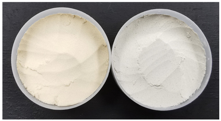 Soy protein isolate (left); and hemp protein concentrate (right) powder.
