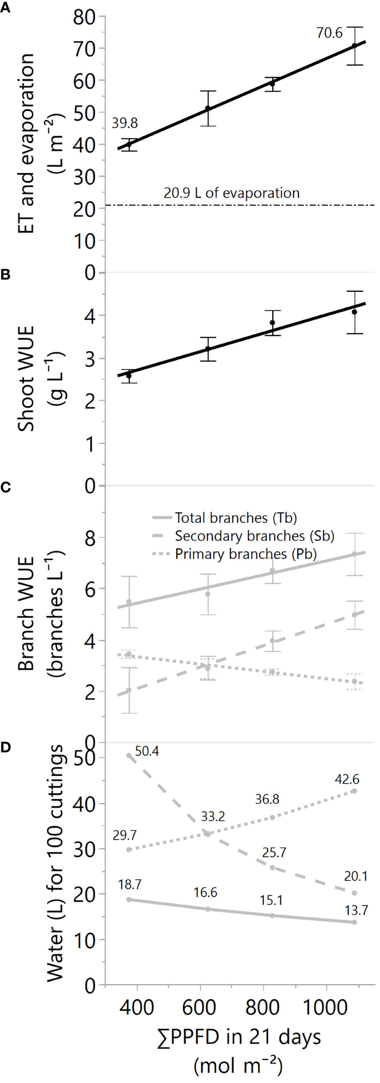(A) The total evapotranspiration or ET (black solid line) and evaporation (black dashed line) in liters per square meter, (B) the plant-crop water use efficiency in grams of dry mass per liter of evapotranspired water, (C) the WUE for primary, secondary, and all branches, and (D) the water needs for 100 cuttings while increasing the greenhouse supplemental light levels. All values are for 21 days of greenhouse production, and PPFD represents photosynthetic photon flux density. For data in panels (A–C), the linear regression fitting equations, R2, and p-values of the equation slopes are (A) ET=23.79 + 0.0429*X, 0.77, p<.01, (B) plant WUE=1.83 + 0.0022*X, 0.58, p<.01, and (C) Tb-WUE=4.31 + 0.0028*X, 0.29, p=.06, Pb-WUE=3.91 -0.0014*X, 0.49, p=.01, Sb-WUE=0.41 + 0.0042*X, 0.62, p<.01. Dots and error bars represent the mean and standard errors for each light treatment group, respectively. In all cases, N=12, n=3, and OU=1-2 load-cell readings per plot for evapotranspiration and 3 plants per plot for biomass and branches.