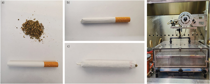 Cannabis cigarette preparation and smoke exposure system. Cannabis cigarettes are prepared by a) grinding 0.84±0.06 g dried cannabis flower (10–14% tetrahydrocannabinol and 0% cannabidiol), b) packing into king-size empty cigarette tubes and twisting off the end to seal the cigarette. c) The filter of each cigarette is removed, and cannabis is packed towards the sealed end of the cigarette prior to smoke exposure. d) Cannabis cigarettes are loaded into the cigarette holder on a Smoke Inhalation Unit 24 system. Experimental animals are placed in the lower chamber. Cannabis smoke and fresh air are pumped into the chamber following a computerised protocol attached to the system.