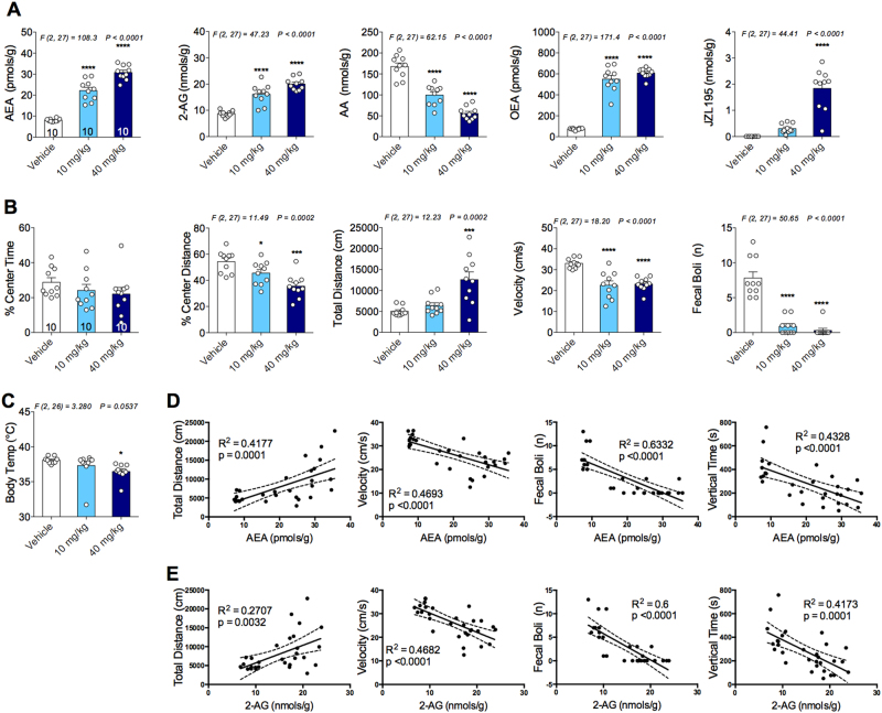 Effects of JZL195 on brain endocannabinoid levels, locomotor activity, anxiety-like behavior in the open-field test and body temperature.a Dual fatty acid amide hydrolase and monoacylglycerol lipase inhibition effects on brain N-arachidonylethanolamine (AEA), 2-arachidonoylglycerol (2-AG), arachidonic acid (AA) and oleoylethanolamine (OEA) levels. b Effects of JZL195 on % center time, % center distance, total distance, average velocity and number of fecal boli in the open-field test. c JZL195 treatment dose-dependently lowered body temperature. d Brain AEA and e 2-AG correlations with various behavioral parameters. Significant F and P-values from one-way analysis of variance noted above bar graphs; *P < 0.05, ***P < 0.001, ****P < 0.0001 vs vehicle group by Holm–Sidak post hoc multiple comparisons test in bar graphs. Linear regression (solid line) with 95% confidence intervals (dashed lines) shown in figures. Data are presented as means ± SEM