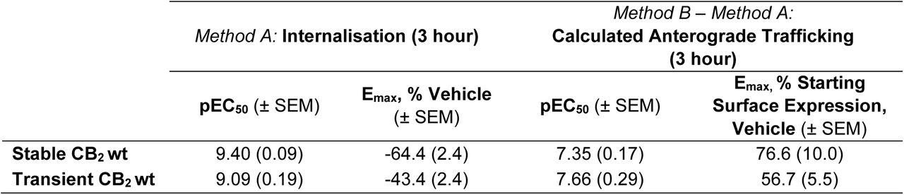 Summary data for stably– and transiently-expressed CB2 trafficking in response to CP 55,940.Parameters are derived from data shown in Fig. 1B and 1D, from three independent experiments.