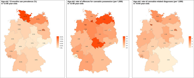 a Age-standardised 12-month prevalence of cannabis use (left; imputed), b rate of offences for possessing cannabis (middle; registered), and c rate of cannabis-related diagnoses in outpatient settings (right; registered) in 2021, by federal state