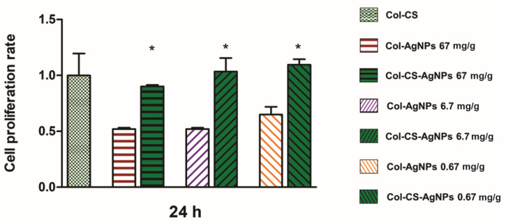 Viability of MDCK epithelial cells evaluated by the MTT test. Cell proliferation rate is plotted as a function of time for Col-CS (light green), Col-AgNPs 67 mg/g (red), Col-AgNPs 6.7 mg/g (violet), Col-AgNPs 0.67 mg/g (orange), Col-CS-AgNPs 67 mg/g (), Col-CS-AgNPs 6.7 mg/g (), Col-CS-AgNPs 0.67 mg/g (). Viability rate in Col-CS were considered as 1. Results are expressed as mean ± SD from triplicate experiments. * Statistical significance (p < 0.05).