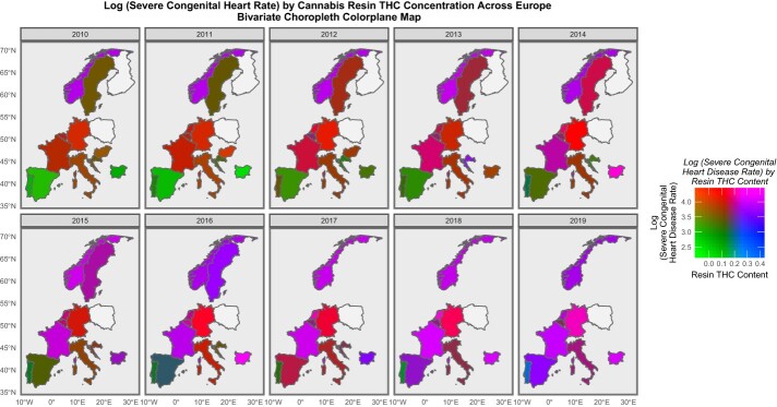 Bivariate colorplane sequential map-graphs of log (rates of severe CHD) by cannabis resin THC concentration across selected European countries over time, 2010–2019