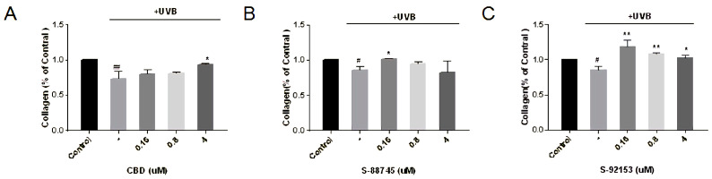 Production of (A) CBD, (B) S-88745 and (C) S-92153 on UV-stimulated collagen in HFF-1. The control group was not stimulated by UV. The UV-treated group (-) was stimulated by UV to cause ECM degradation. The experiments were repeated three times. Each bar illustrates the average ± standard deviation (SD) counted from three experiments. p < 0.05 was considered statistically significant. * p < 0.05 compared to the UV−treated group; ** p < 0.01 compared to the UV−treated group; # p < 0.05 compared to the control group; ## p < 0.01 compared to the control group.