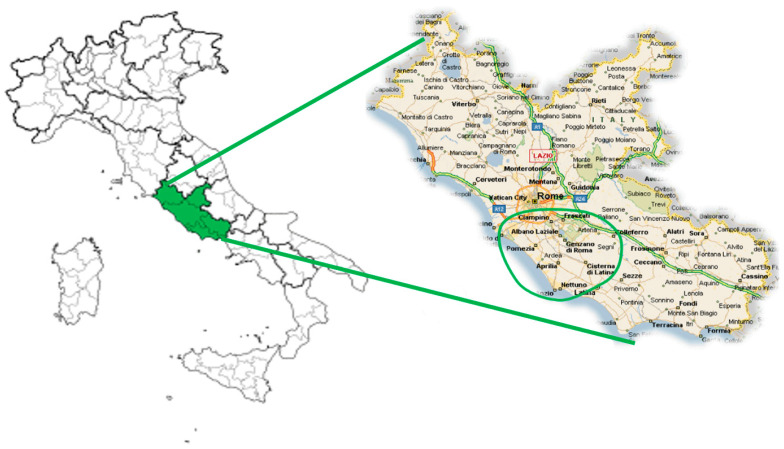 The green circle circumscribes the geographical area investigated in the study (Lazio Region, Italy).