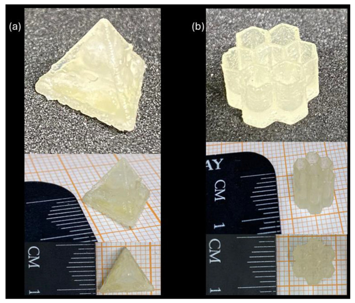 3D-printed samples using formulation CO3SH-H10: (a) pyramid and (b) honeycomb structure.