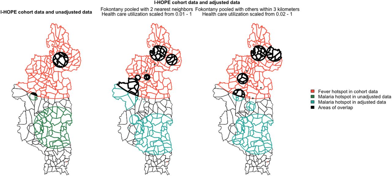 Comparison of geographic hotspots of fever (I-HOPE cohort survey) and malaria (health center registers) in Ifanadiana among all individuals during malaria high season, using unadjusted and adjusted estimatesColored regions represent malaria hotspots in the various data sources and the areas of overlap in bold black. The left panel shows hotspots using unadjusted health center register data, while the center and right panels show examples of hotspots from two of the 168 adjusted datasets. The observed overlap is significantly greater in adjusted datasets, indicating improved consistency between the geographic distribution of fever in the I-HOPE cohort study and malaria in health center register data after adjustments.