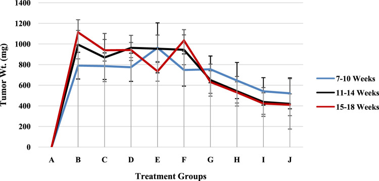 The tumor weights of the rat models in groups A–J.
