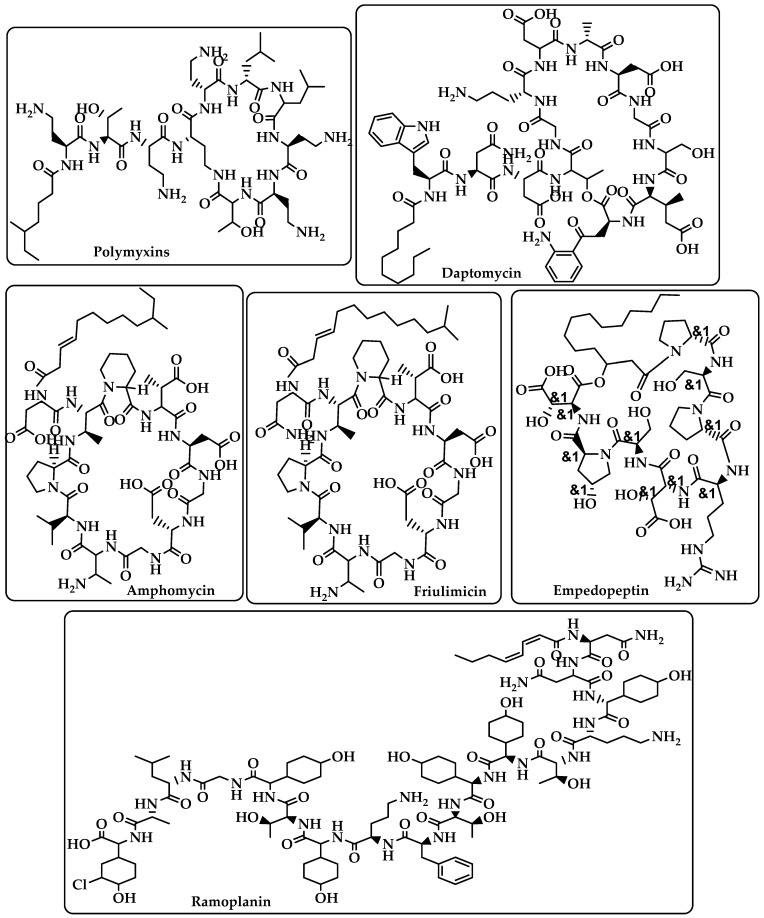 Chemical structure of polymyxins, daptomycin, amphomycin, friulimicin, ramoplanin, and empedopeptin.
