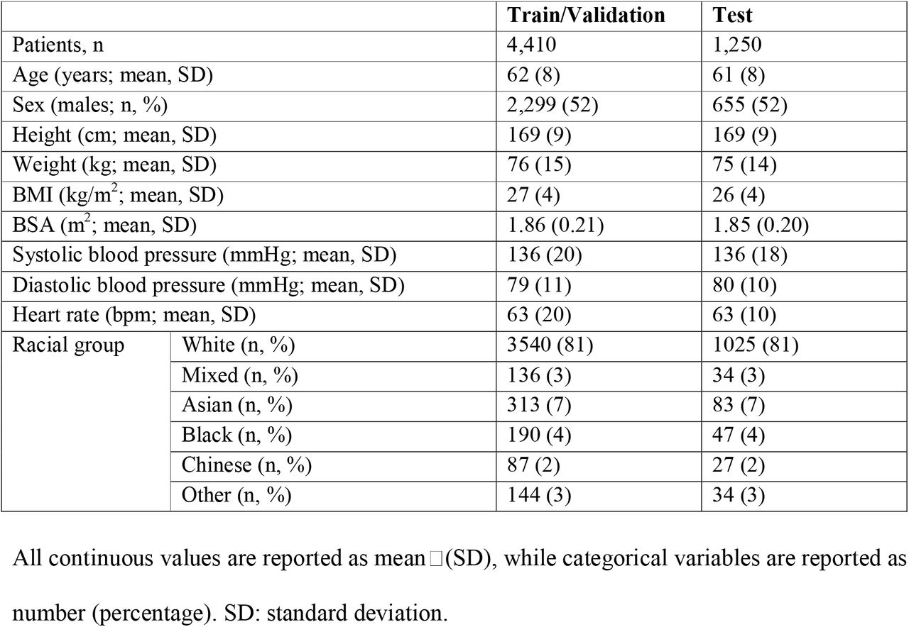 Population characteristics for the train/validation and test sets.