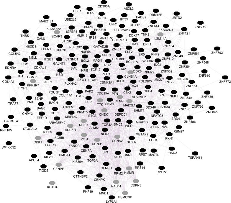 Hippocampal CNR1 gene network using GeneMANIA. Black hexagons indicate query genes, whereas gray hexagons indicate related genes added by GeneMANIA. Node sizes represent gene scores, reflecting how often paths that start at a given gene node end up in one of the query genes.