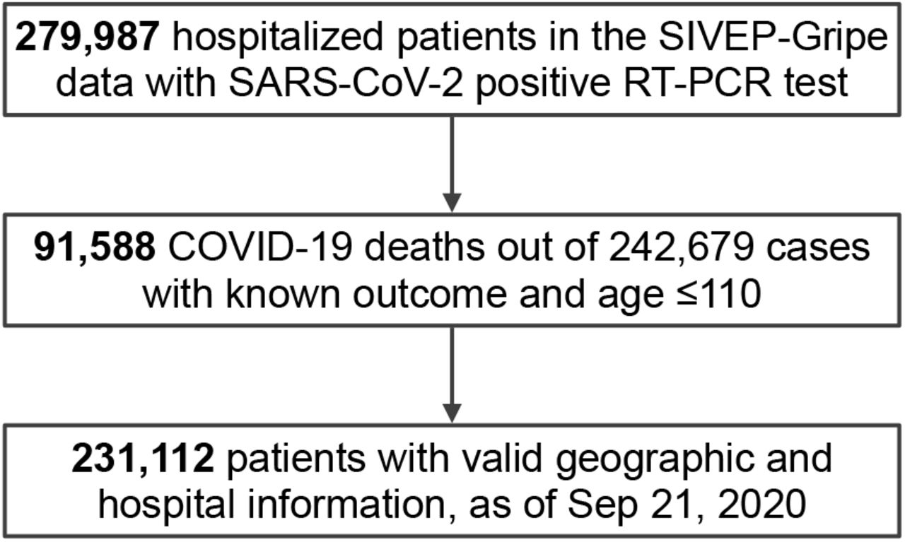 Flowchart of SIVEP-Gripe data used in this study.SARS-CoV-2 stands for severe acute respiratory syndrome coronavirus 2. SIVEP-Gripe stands for Sistema de Informação de Vigilância Epidemiológica da Gripe.