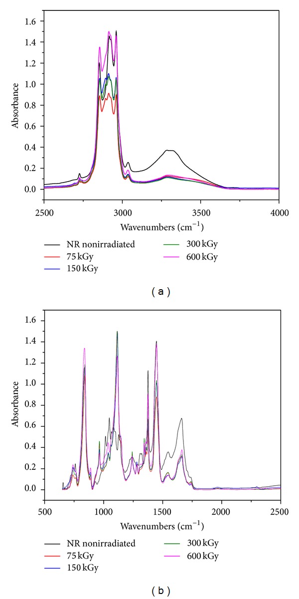 FTIR spectra for NR/hemp mixtures with 15 phr hemp content: (a) between 2500–4000 and (b) between 500–2500.